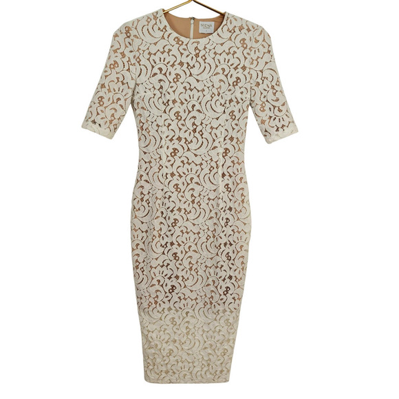 Misha Collection Rosie Lace Overlay Sheath Dress Size Small Ivory & Nude Stretch - Picture 2 of 14